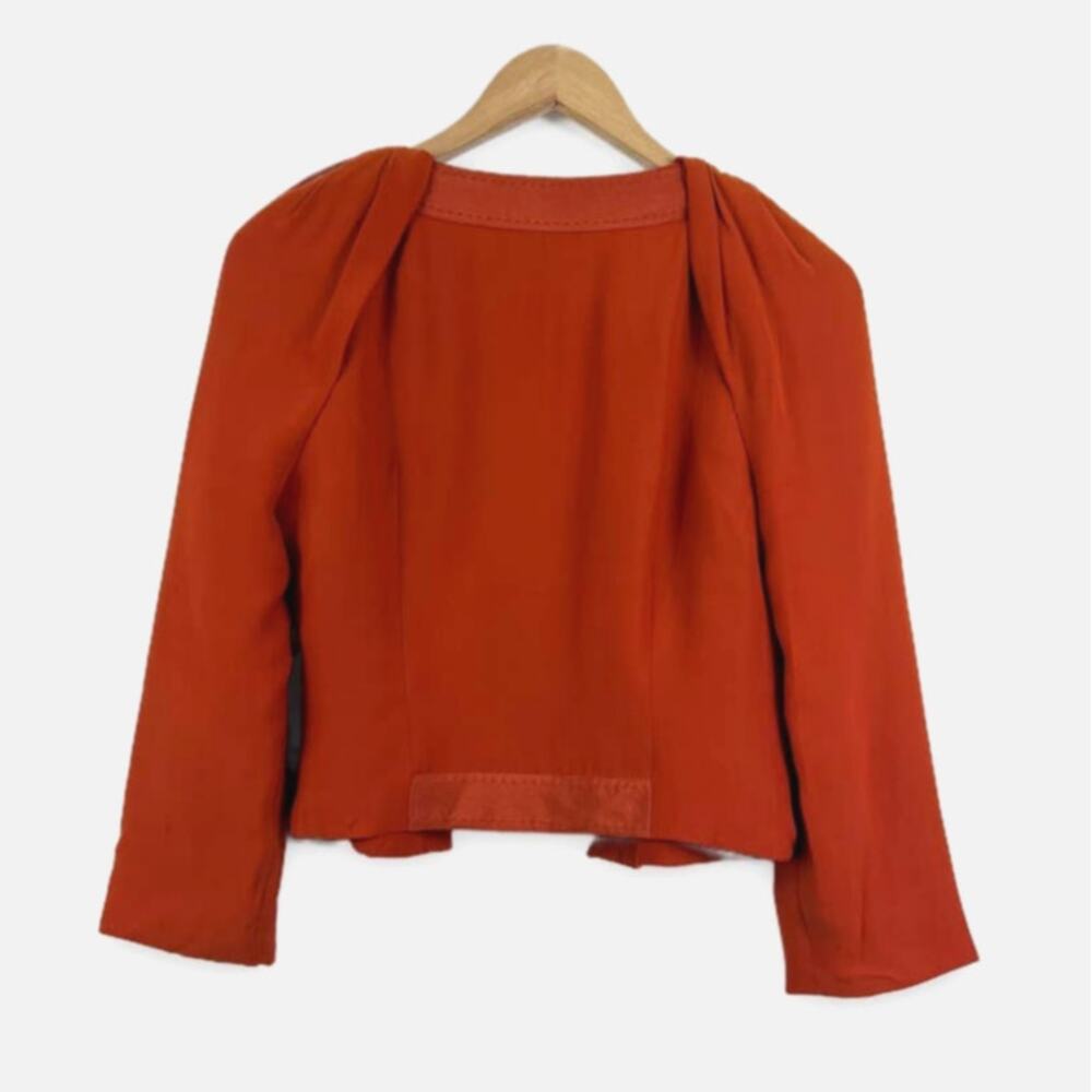 Magaschoni Size 6 Crop Moto Jacket Silk Pleated Shoulder Lined Orange - Picture 2 of 6